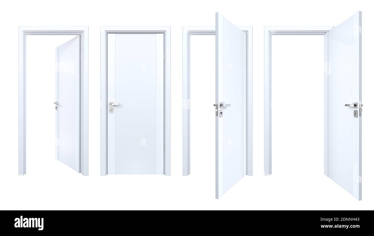 Satz von klassischen Stil Massivholztüren geschlossen und offen außen, innerhalb des Hausraums. Einfache, moderne weiße Holztüren für die Inneneinrichtung Stockfoto