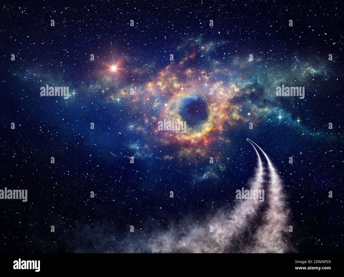 Raumschiffe, die im Universum in Richtung Nebel und Sternhaufen reisen, um Sternbilder zu entdecken. Shuttlefahrt in den Weltraum. Stockfoto