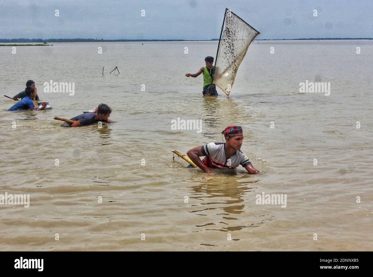 Unter Ausnutzung der Monsun-Saison, hat sich das Angeln in den Flüssen von Kurigram beliebt. Die Einheimischen sind auf der Jagd nach einheimischen Fischarten i beschäftigt Stockfoto