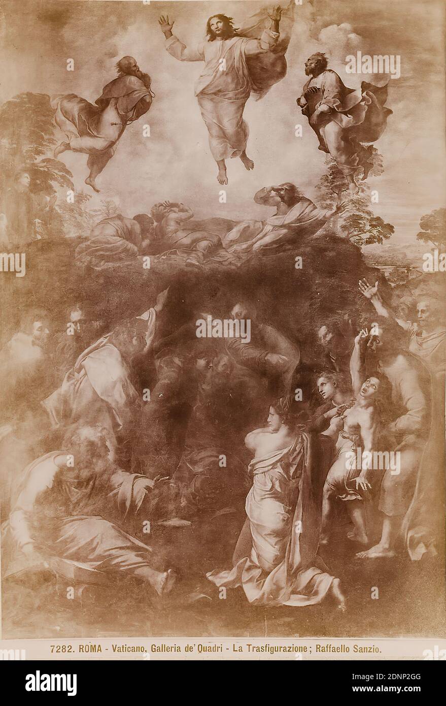 Giacomo Brogi, Edizioni Brogi, Roma - Vaticano, Galleria de'Quadri: La Trasfigurazione, Raffaello Sanzio, Kollodiumpapier, schwarz-weiß-positiv, Bogenformat: Höhe: 26.00 cm; Breite: 17.50 cm, beschriftet: recto Unten: Bild-Nr. 7282, Titel, Malerei, Kunstgeschichte, Verklärung Stockfoto