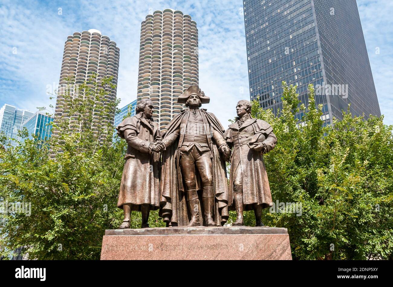 Heald Square Monument in der Innenstadt von Chicago zeigt General George Washington und die Finanziers der amerikanischen Revolution, Robert Morris und Haym Salo Stockfoto