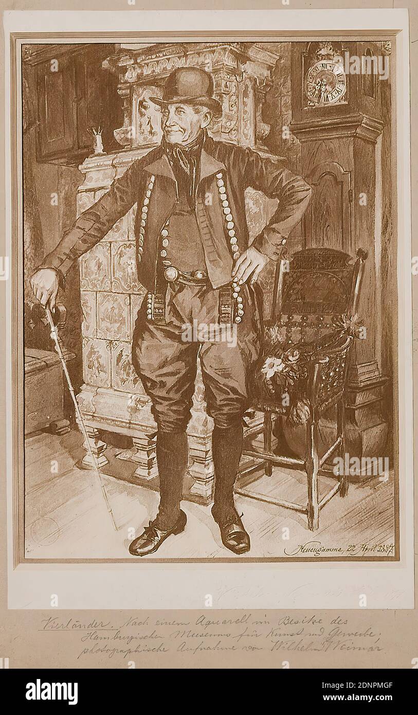 Wilhelm Weimar, Vierländer - nach einem Aquarell des Hamburgischen Museums für Kunst und Gewerbe, Albumin-Papier, schwarz-weiß-positiv, Bildgröße: Höhe: 19.00 cm; Breite: 12.90 cm, Recto-Titel und: Fotografie von Wilhelm Weimar. In der reproduzierten Malerei: Neuengamme, 22. April 1887, Malerei, Mann, Volkstracht, Tracht Stockfoto
