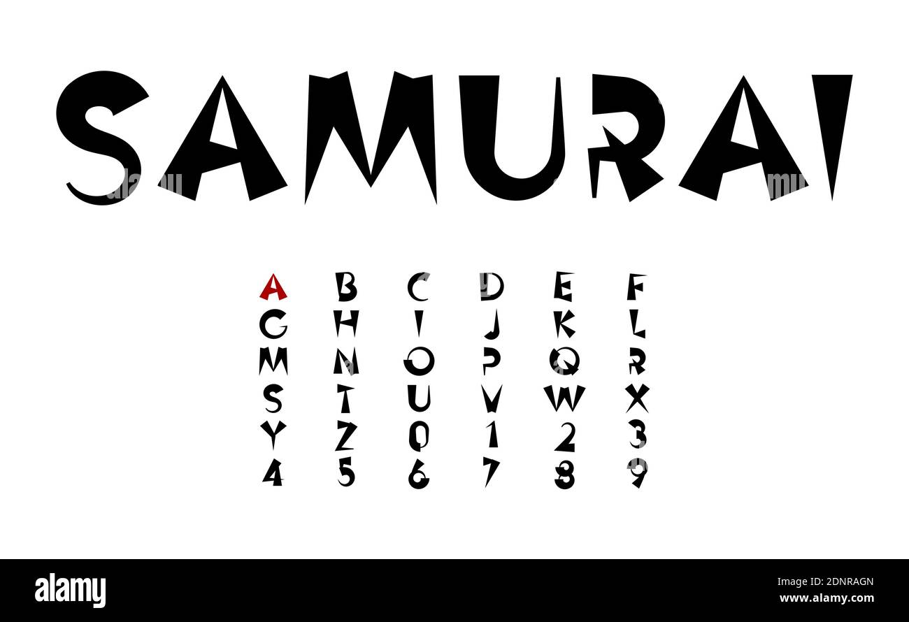 Schwarze Tinte Vektor Buchstaben, Cartoon fett Schriftkonzept in japanischem und chinesischem Stil für asiatische Überschrift, Monogramm und Logo. Samurai und Ninja Alphabet. Stock Vektor