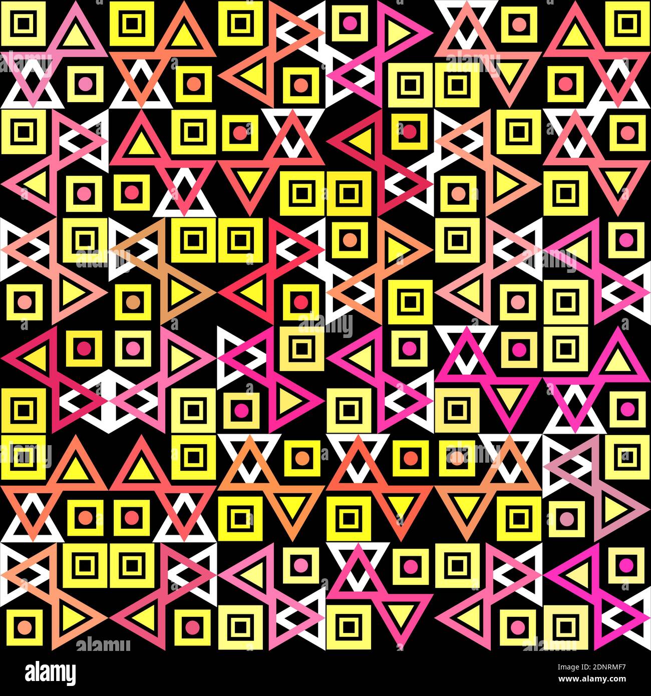 Gefliestes geometrisches Muster in verschiedenen Formen und hellen Farben auf schwarzem Hintergrund. Geometrisches Grafikdesign. Stockfoto