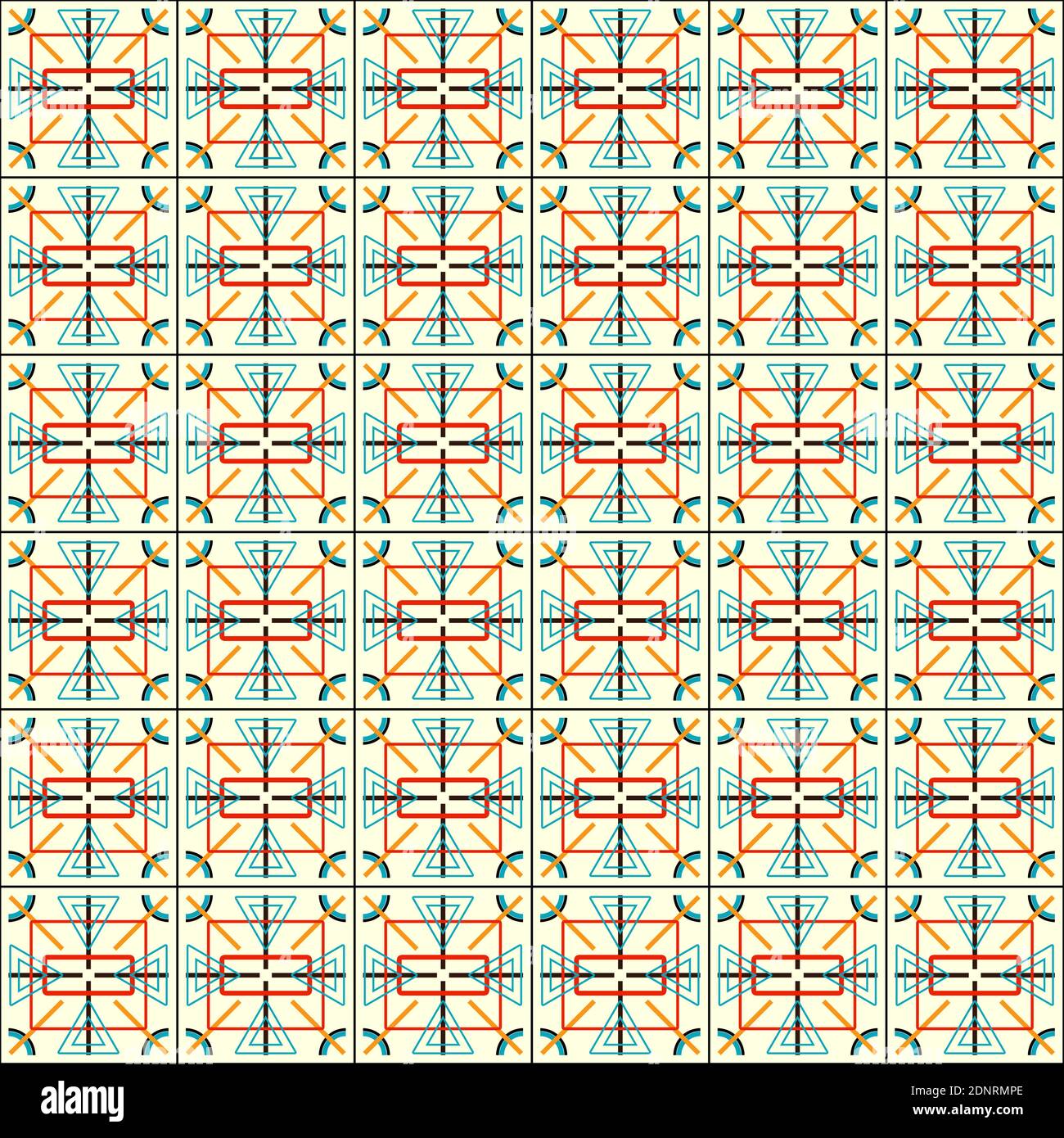 Komplexes geometrisches Muster in verschiedenen Formen und Farben auf hellgelbem Hintergrund. Geometrisches Grafikdesign. Stockfoto