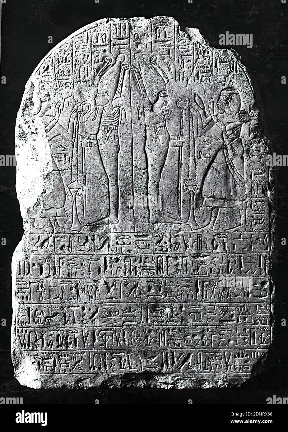 Grabstein des Hasen, Kalkstein, gemeißelt, Reliefs, Kalkstein, Gesamt: Höhe: 34 cm; Breite: 25 cm; Tiefe: 7.5 cm, Grabausstattung, Grabdenkmal, Grab, Grabstätte, Osiris, gott der Unterwelt, rituelle Praktiken in der ägyptischen Religion, die kleinformatige Grabstele hat eine halbkreisförmige obere Oberfläche. Während der Rücken grob abgearbeitet wurde, hat die fein geglättete Vorderseite ein Relief im oberen Teil und umfangreiche vertikale und horizontale Beschriftungen. Die linke Seite zeigt eine ausgedehnte Eruption, die rechte Seite hat verstümmelte Kanten. Stockfoto