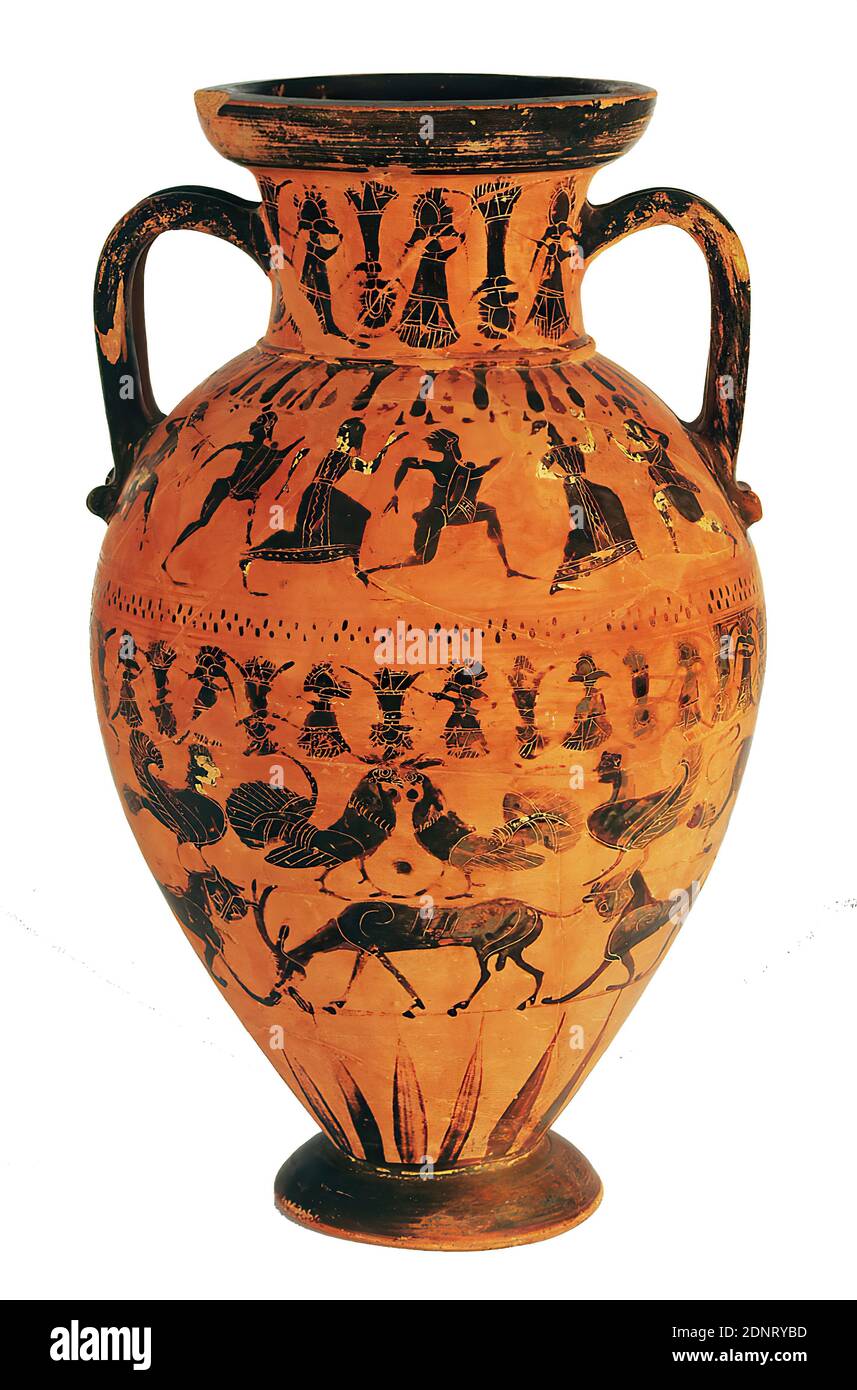 Castellani Maler, Tyrrhenische Amphore (Tötung der niobiden, Herakles und Nessos), Ton, schnell gedreht, bemalt (Töpferei), abwechselnd gebrannt, Ton, gesamt: Höhe: 41.6 cm; Durchmesser: 24.7 cm; Mündungsdurchmesser: 14.2 cm, Inschrift: Schulterseite A: Schulter: A, Töpferei, Herkules und Deianira, die Tochter von Oeneus, Herkules erschießt den Zentaur Nessus, der Deianira, Niobe, Sirenen, Panther, Hirsch, Ziege, Geflügel (Hahn, Henne, Huhn Stockfoto