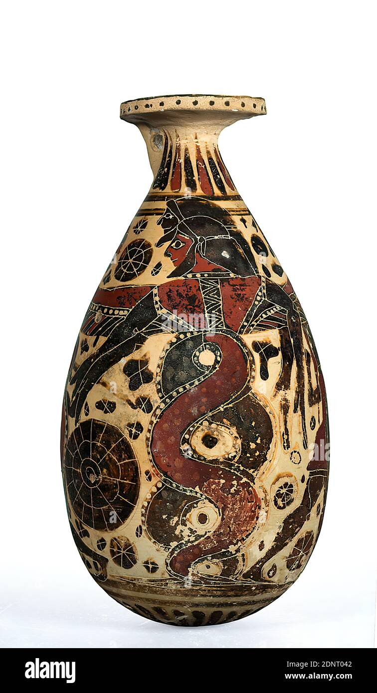 Otterlo Maler, Alabastroon (typhon und Krieger im Duell), Ton, gedreht, handmodelliert, bemalt (Keramik), gebrannt (Keramik), Ton, Gesamt: Höhe: 20.9 cm; Durchmesser: 11 cm, Keramik, typhon's Kampf gegen die Götter, Schlacht (Duell), Krieg, früharchaisch, griechische Antike, im 7. Jahrhundert v. Chr., Korinth stieg zur wichtigsten Handelsmacht unter den griechischen Poleis. Besonders die korinthische Keramik, die im gesamten Mittelmeerraum zu finden ist, zeugt von den weitreichenden Kontakten. Zahlreiche andere künstlerische Landschaften, vor allem Athen, wurden von korinthischer Keramik beeinflusst. Stockfoto