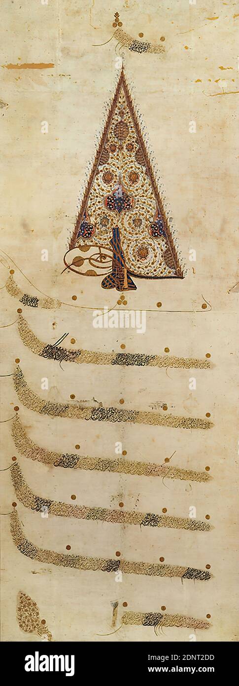 Festschrift mit Tughra, Eigentum der Stiftung Hamburger Kunstsammlungen, Gold, Deckblatt Aquarell, Tusche, Papier, handschriftlich, handfarbig, Gold, Gouache und Tusche auf Papier, Höhe: 180 cm; Breite: 68 cm, datiert: 1150 H, 1737 A.D, 2. Viertel 18. Jahrhundert, Kalligraphie, Ornamente, arabische Schrift, die expressivste säkulare Form der islamischen Kalligraphie ist die osmanische Sultanschrift. Gekrönt wird sie von dem reich verzierten, dreieckigen Handzeichen des Sultans - dem Tughra. Hier ist es der Name von Sultan Mahmud I. (1730-1754). Stockfoto