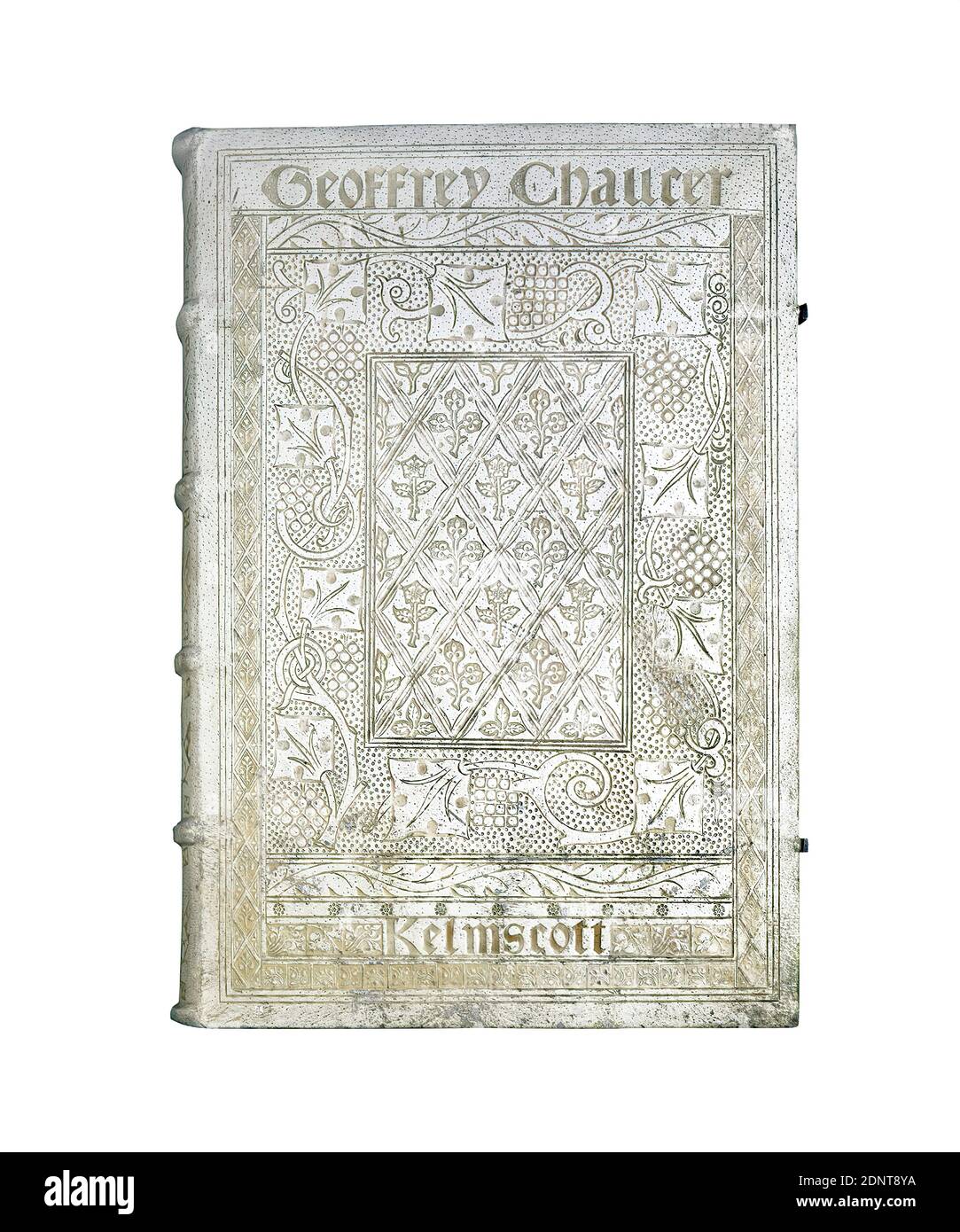 Kelmscott Press, Edward Burne-Jones, William Morris, Kelmscott Chaucer, Papier, Leder, Buchdruck, weißer Ferkeleinband auf Holzeinbände mit silbernen Verschlüsse, gesamt (Bucheinband): Höhe: 43.40 cm; Breite: 28.80 cm, Buchillustrationen, Pflanzenornamente, Jugendstil, die 1896 im Folio-Format erschienene Edition von Geoffrey Chaucers Werken ist wohl der berühmteste Druck der Kelmscott Press und ein Denkmal der neuen Buchkunst. Stockfoto