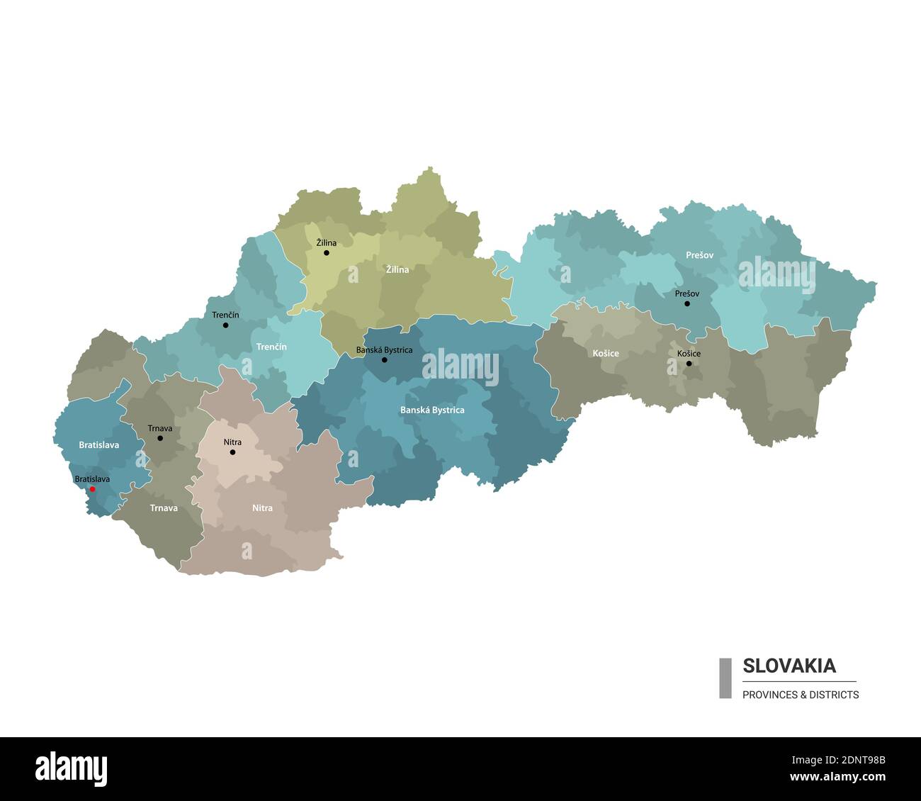 Slowakei higt Detailkarte mit Unterteilungen. Verwaltungskarte der Slowakei mit Bezirken und Städten Namen, farbig nach Staaten und administrative dist Stock Vektor