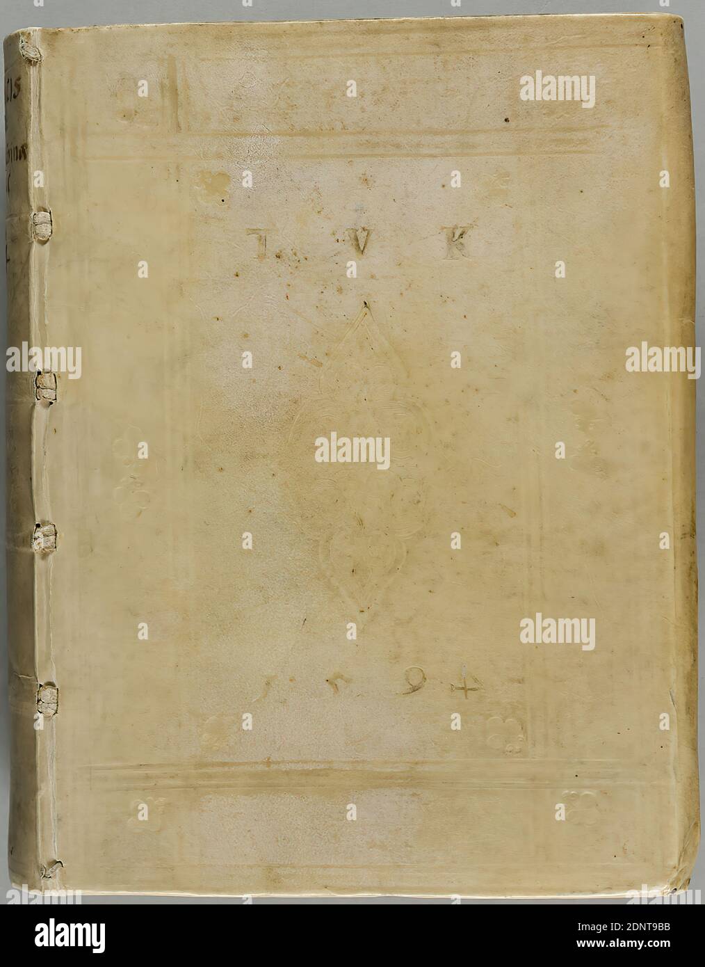 Werner lange, Michael Lantzenberger, Lucas Cranach der Jüngere, kurze Wiederholung mehrerer Fürnemer Hauptstücke christliche Lehre, im Auftrag der Catechismi, Pergament, Leder, Holzschnitt, gesamt (Bucheinband): Höhe: 20,1 cm; Breite: 16,5 cm, Buchschmuck, Geburt Christi, evangelistische Symbole, Taufe Christi im Jordan, Wappen, Wappensymbol, Renaissance, unter dem Titel kurze Wiederholung einiger fürnemer Heuptstücke christlicher Lehre, nach ordnung des Katechismi dieser Leipziger Druck wurde 1594 von Michael Lantzenberger veröffentlicht. Stockfoto