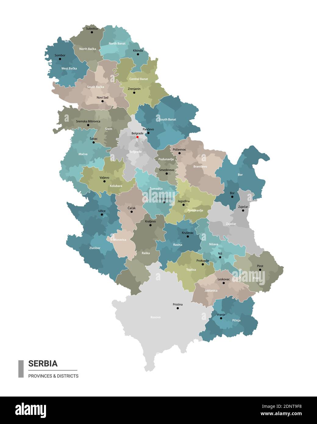 Serbien hat detaillierte Karte mit Unterteilungen. Verwaltungskarte von Serbien mit Bezirken und Stadtnamen, farbig nach Staaten und Verwaltungsbezirk Stock Vektor