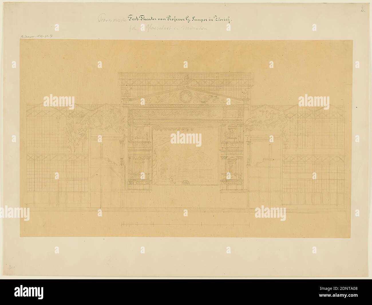 Gottfried Semper, Entwurf für das provisorische Richard Wagner Festspieltheater im Glaspalast, München (Projekt A). Querschnitt durch den Zuschauerraum mit Blick auf die Bühne, Pauspapier, Zeichnung, Bogenmaß: Höhe: 34.8 cm; Breite: 58.3 cm, Inschrift: recto auf Karton: In Tinte: Provisorisches [added in Lead] Fest-Theater von Professor G. Semper in Zürich, in Leitung: f. d. Glaspalast in München, G. Semper 179-21-7, A, 2., Entwurfszeichnungen, Schnitt durch Architektur, Oper, Bühnenbild, Bühnenbild, Architektur, Architekturzeichnung oder Modell Stockfoto