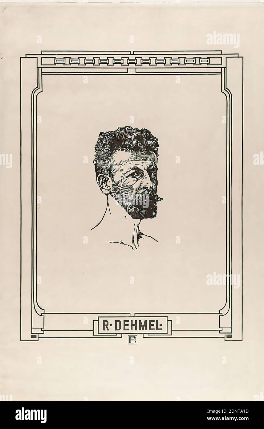 Peter Behrens, Richard Dehmel, Japan Papier, Holzschnitt, Strichradierung, Schriftdruck, Holzschnitt, Strichradierung und Schriftdruck auf Japanpapier, Gesamt: Höhe: 46,5 cm; Breite: 31 cm, monogrammiert und beschriftet: recto unten mittig in der Druckplatte: PB und R. DEHMEL, Druckgrafik, Drucksachen, freie Grafiken (Druckgrafik, Drucksachen), Porträt, Schriftsteller, Dichter, Autor, Hauptbild, Porträt, Selbstporträt eines Künstlers, Richard Dehmel Stockfoto