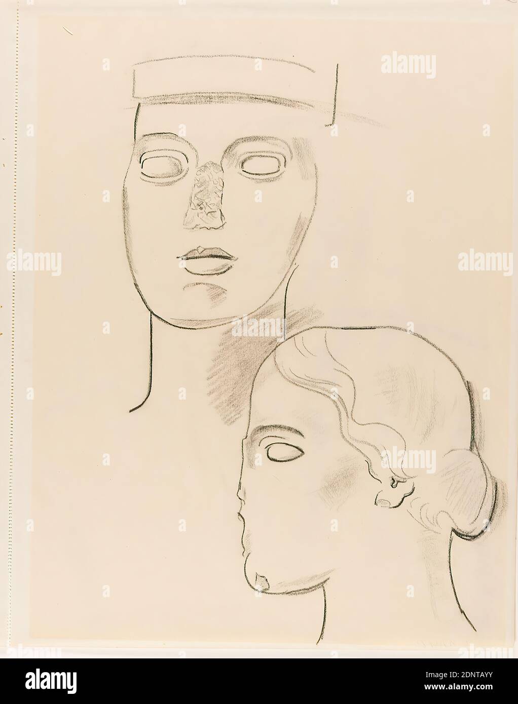 Gustav Heinrich Wolff, Büstenskizze mit abgeschnittener Nase, Zeichenpapier, Zeichenkohle, Zeichnung, Holzkohle auf Zeichenpapier, gesamt: Höhe: 32.9 cm; Breite: 25.5 cm; Breite: 26.5 cm (inkl. perforierter Rand), unmarkiert, Skizzen, Zeichnung, Grafik, Kopf, Gesicht, klassisch-antike Geschichte, Skulptur, Plastik, Bildhauerkunst, Venusgeschichte (Aphrodite), klassische Moderne, Studienblatt mit zwei weiblichen antiken Skulpturenköpfen. Einzelblatt (Blatt 6) aus dem Skizzenbuch Oktober bis November 1929 Stockfoto