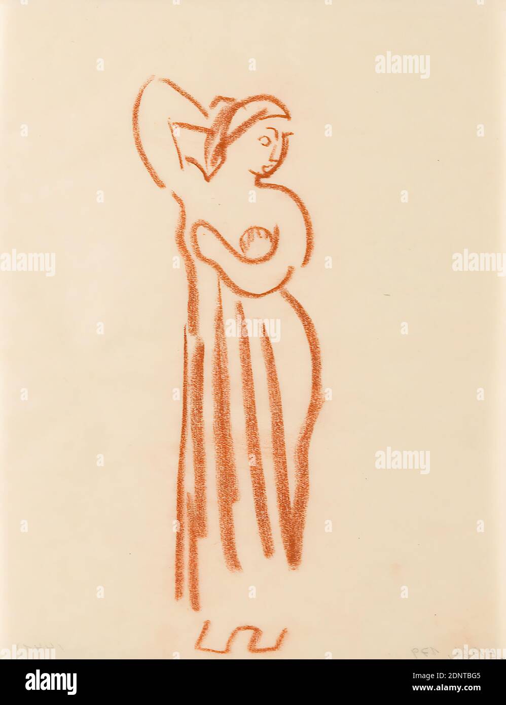 Gustav Heinrich Wolff, Arbeitszimmer für Kallipyge (I), rote Kreide, Pergament, Zeichnung, rote Kreide auf Pergament, gesamt: Höhe: 21.9 cm; Breite: 17.5 cm, unmarkiert, Skizzen, Zeichnung, Grafik, Geschichte der Venus (Aphrodite), Studienblatt für eine stehende Frau, mit erhobenem rechten Arm und mit dem linken Tuch vor ihrem Körper, Kopf im Halbprofil nach rechts (Aphrodite Kallipygos oder Venus Kallipygos) Einzelblatt (Bl. 5) aus dem Skizzenbuch Oktober bis Dezember 1924 (teilweise während Wolffs Aufenthalt in Hamburg entstanden). Vgl. Holthusen (1964) Skulptur 58 Kallipyge (1924 Stockfoto