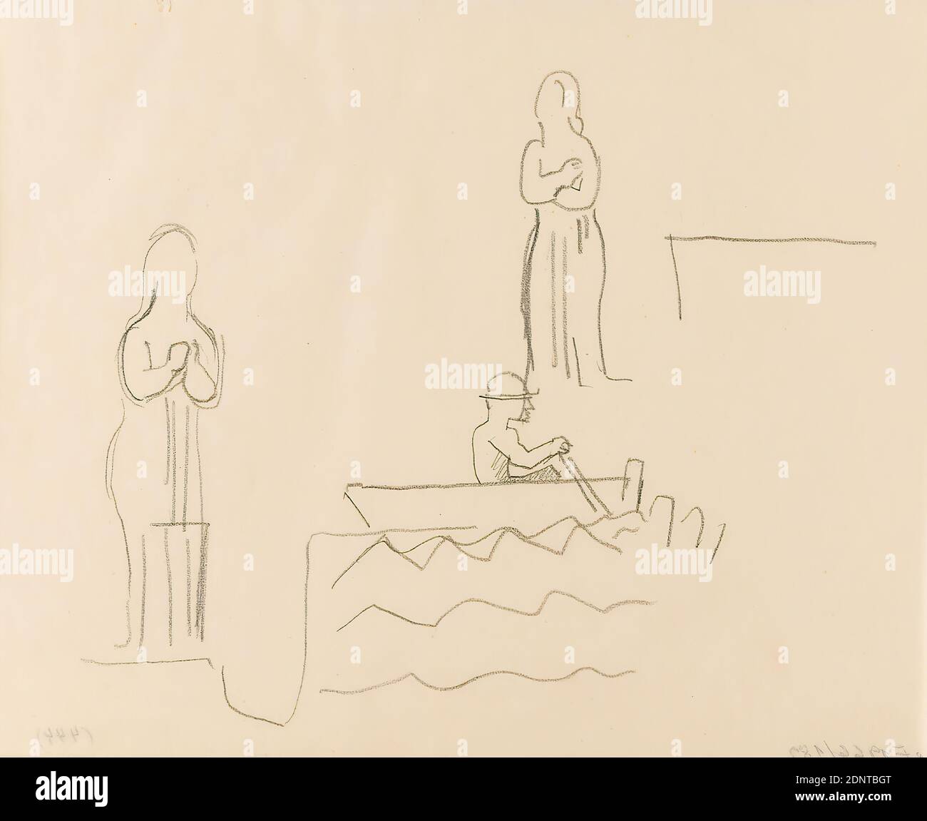 Gustav Heinrich Wolff, Arbeitsblatt mit stehendem Mann und Mann im Boot, Bleistift, Pergament, Zeichnung, Bleistift auf Pergament, Gesamt: Höhe: 17.5 cm; Breite: 21.9 cm, Skizzen, Zeichnung, Grafik, Standfigur, Ruderboot, Kanu, Klassische Moderne, Einzelblatt (Bl. 8) aus dem Skizzenbuch Oktober bis Dezember 1924 (teilweise während Wolffs Aufenthalt in Hamburg entstanden Stockfoto