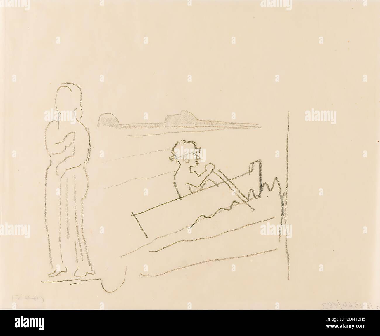 Gustav Heinrich Wolff, Arbeitsblatt mit stehendem Mann und Mann im Boot, Bleistift, Pergament, Zeichnung, Bleistift auf Pergament, Gesamt: Höhe: 17.5 cm; Breite: 21.9 cm, unmarkiert, Skizzen, Zeichnung, Grafik, stehende Figur, Ruderboot, Kanu, Klassische Moderne, Einzelblatt (Bl. 9) aus dem Skizzenbuch Oktober bis Dezember 1924 (teilweise während Wolffs Aufenthalt in Hamburg entstanden Stockfoto