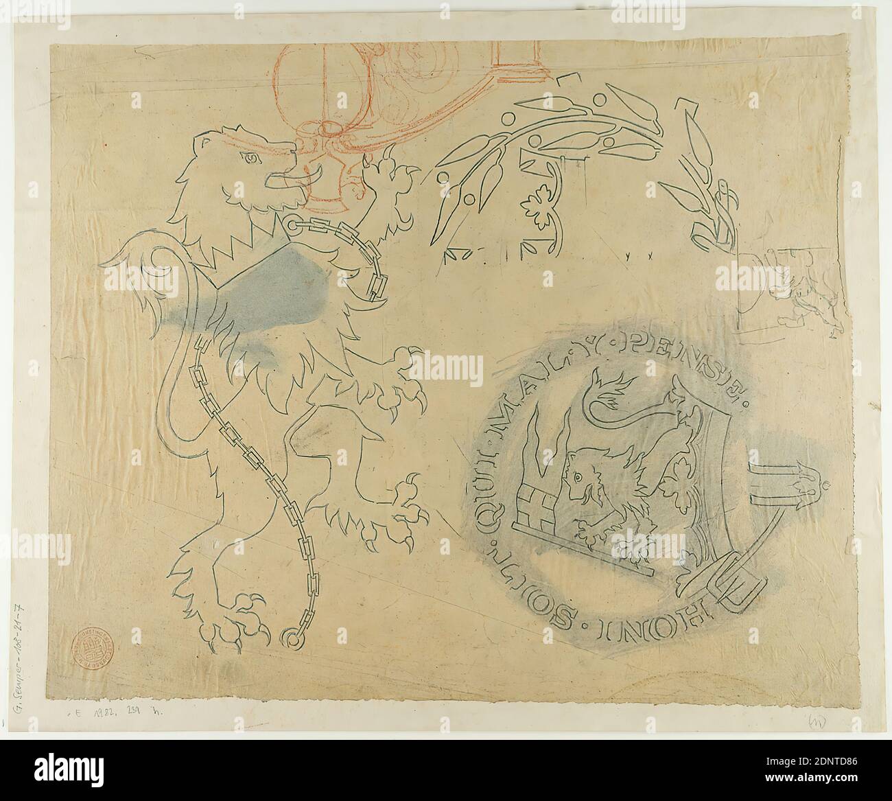 Gottfried Semper, Zeichnung des Bogens des Leichenbuches des Herzogs von Wellington. Umriss des Bogens, Zeichenpapier, Zeichnung, Bogenmaß: Höhe: 33.4 cm; Breite: 25 cm, beschriftet: recto: In Blei: G. Semper 108-21-10, Stempel: recto: Entwurfszeichnungen, Tod, Begräbnis, Skizzen, Trauerrituale/Totenkult, Schild, Wappensymbol, Wappentiere, andere Dekorationen, dekorative Überbauten (für Triumphzüge etc.) Stockfoto