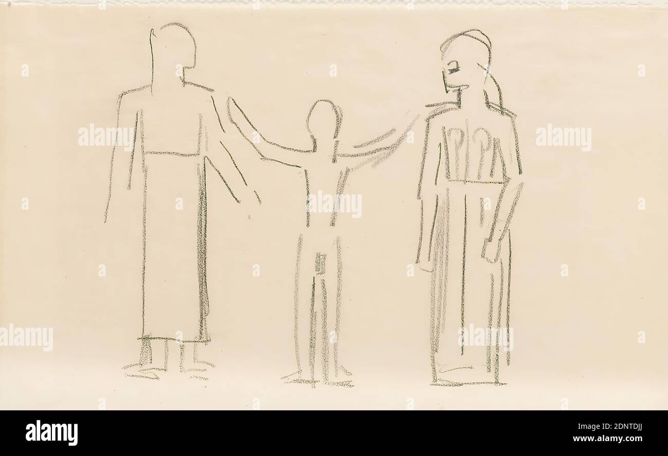 Gustav Heinrich Wolff, Skizze von drei Figuren (Entwurf für die Eumenides), Bleistift, Pergament, Zeichnung, Bleistift auf Pergament, gesamt: Höhe: 11.6 cm; Breite: 19.3 cm, Zeichnung, Grafik, Skizzen, Entwurfszeichnungen, Standfigur, Geschichte von Orestes, Geschichte von Apollo (Phoebus), Geschichte von Minerva (Pallas, Athena), klassische Mythologie/Antike Geschichte, griechische Helden, Furien, Dirae (Erinnyen), Eumenides, klassische Moderne, Einzelblatt aus Skizzenbuch 1923, wohl Entwurfszeichnung für den Kupferstich die Eumenides (Orestie 3. Stockfoto