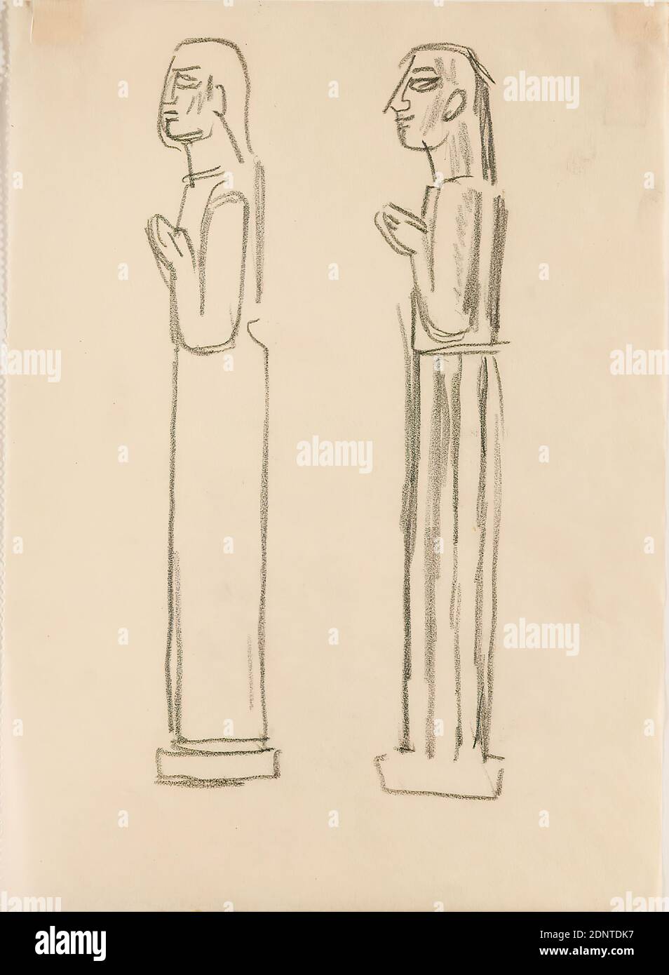 Gustav Heinrich Wolff, zwei Studien für eine Statuette (Pallas), Bleistift, Pergament, Zeichnung, Bleistift auf Pergament, Gesamt: Höhe: 17.4 cm; Breite: 12.6 cm, Skizzen, Zeichnung, Grafik, Designzeichnungen, stehende Figur, Skulptur, Skulptur, Bildhauerkunst, Geschichte der Minerva (Pallas, Athena), klassische Moderne, Einzelblatt mit zwei Studien für eine Statuette, vgl. Pallas, Holthusen Skulptur Nr. 33 und 42, aus einem Skizzenbuch, 1923 Stockfoto