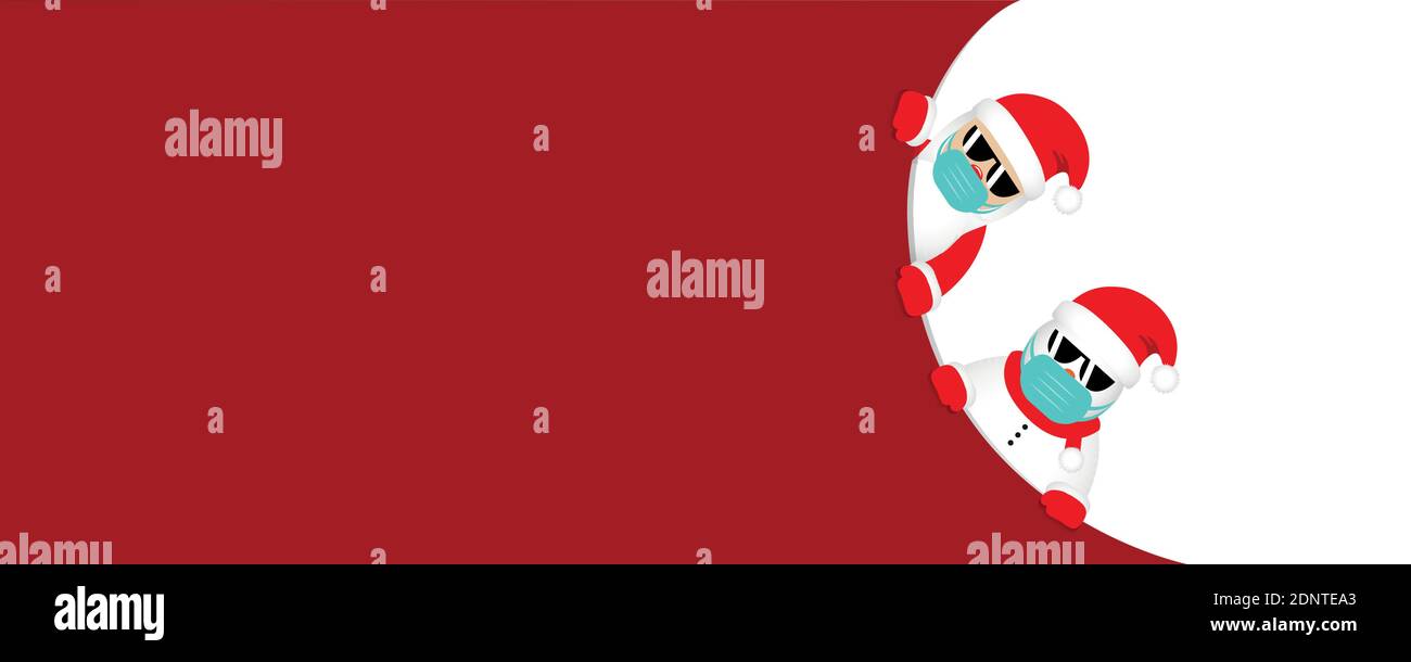 Rotes weihnachtsbanner mit niedlichem weihnachtsmann und Schneemann mit Sonnenbrille und Gesichtsmaske Vektor Illustration EPS10 Stock Vektor