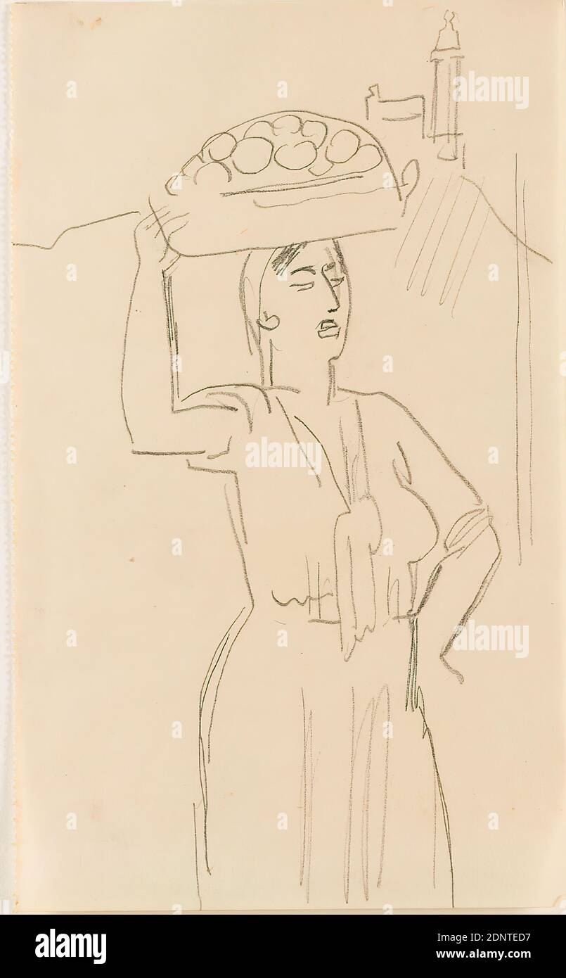Gustav Heinrich Wolff, Frau mit Korb auf dem Kopf (Varina), Bleistift, Zeichenpapier, Zeichnung, Bleistift auf Zeichenpapier, Gesamt: Höhe: 20 cm; Breite: 12.2 cm, Skizzen, Entwurfszeichnungen, Frau, Markt, Straßenhändler, Gemüse- und Obst-/Gemüse- und Obststillleben, Bauernehefrau, Bauernehefrau, Klassische Moderne, Studie einer Frau, die einen Korb auf dem Kopf trägt (Halbfigur), Silhouette einer Stadt, die hinten rechts angedeutet ist (vgl. Abb. Eine Varina in Portugal trug traditionell ihre Waren in einem Korb auf dem Kopf (vor allem Fisch Stockfoto