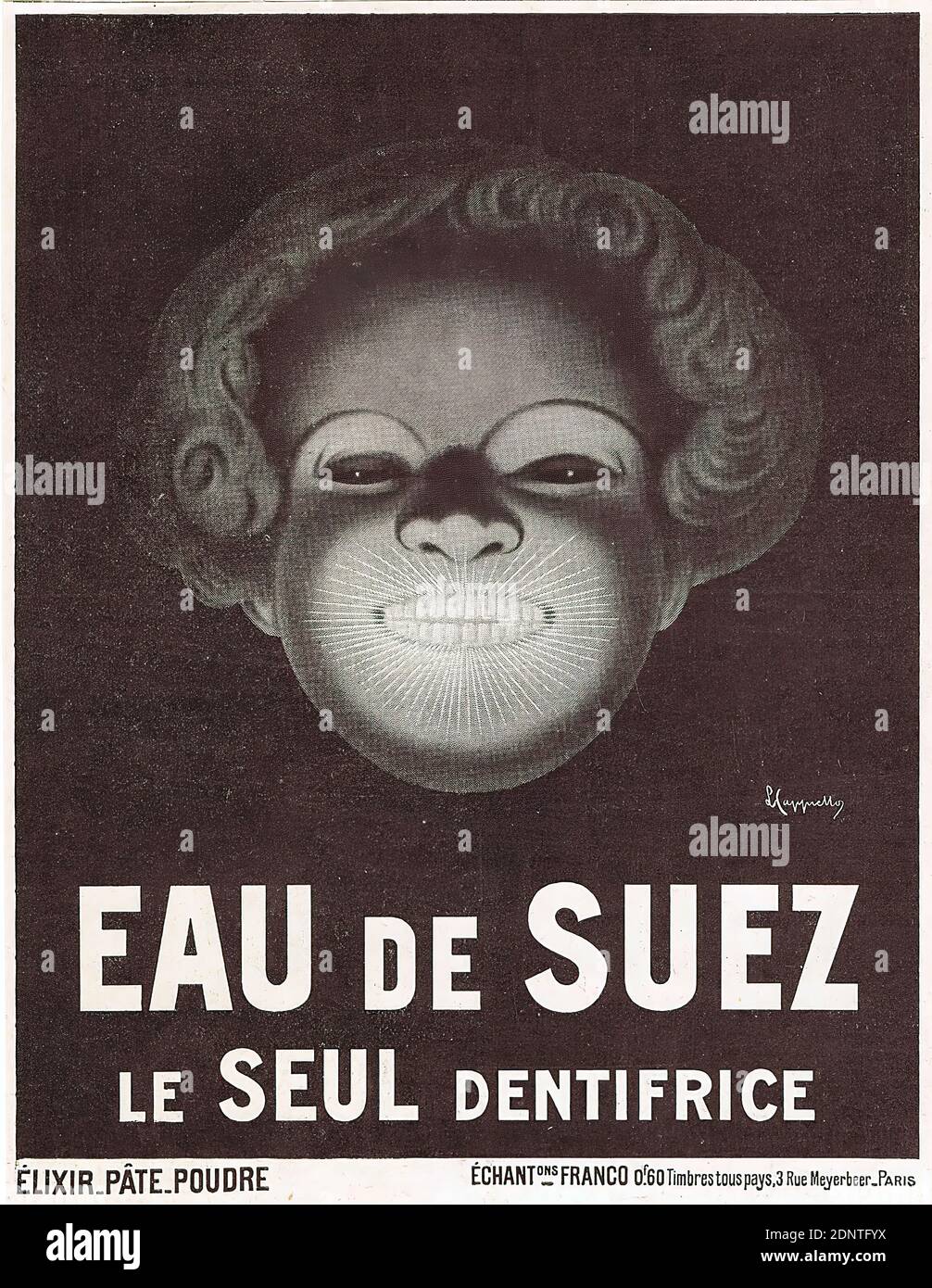 Leonetto Cappiello, Jean-Jacques Dubochet, Eau De Suez. Le Seul Dentifrice. Anzeige von L'Illustration, 27 mars 1909, Papier, Autotyp, gesamt: Höhe: 18 cm; Breite: 13,7 cm, signiert: Im Druck: LCappiello, Produkt- und Geschäftswerbung (Druckgrafiken), Werbung, Kopf, Gesicht, Zahnmedizin, Körperpflege Stockfoto