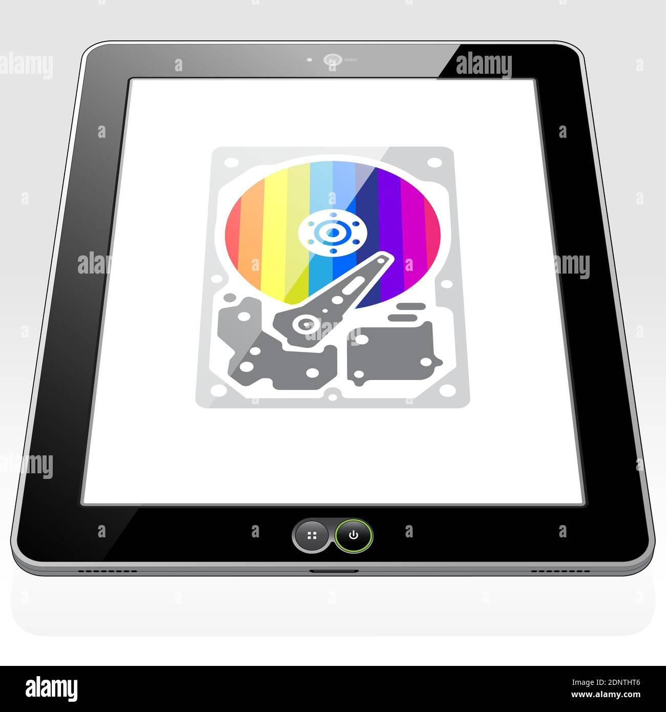 Ein Tablet-PC, der Informationen und Daten mit der Data Cloud synchronisiert. Symbol für virtuelle Festplatte – Symbol wird auf dem Bildschirm angezeigt. Stock Vektor