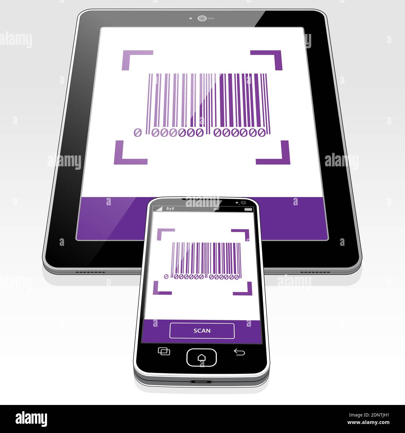 Ein gescannter Barcode, der auf einem Tablet-PC und einem Smartphone-Bildschirm angezeigt wird. Stock Vektor