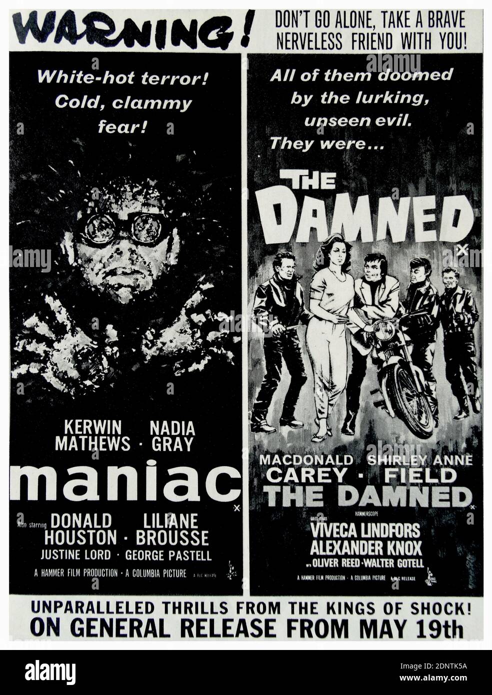 Plakat für 'Maniac' und 'The Damned' Kinostart. Stockfoto