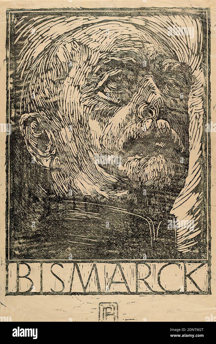 Peter Behrens, Bismarck, Geschenk, Pergament, Holzschnitt, Holzschnitt auf Pergamentpapier, Gesamt: Höhe: 37,6 cm; Breite: 25,3 cm, monogrammiert: recto und zentriert in der Druckform: PB, Druckgrafik, Druck, Freie Grafik (Druckgrafik, Druck), Portrait, Kopfbild, historische Person, Politiker, Otto von Bismarck Stockfoto
