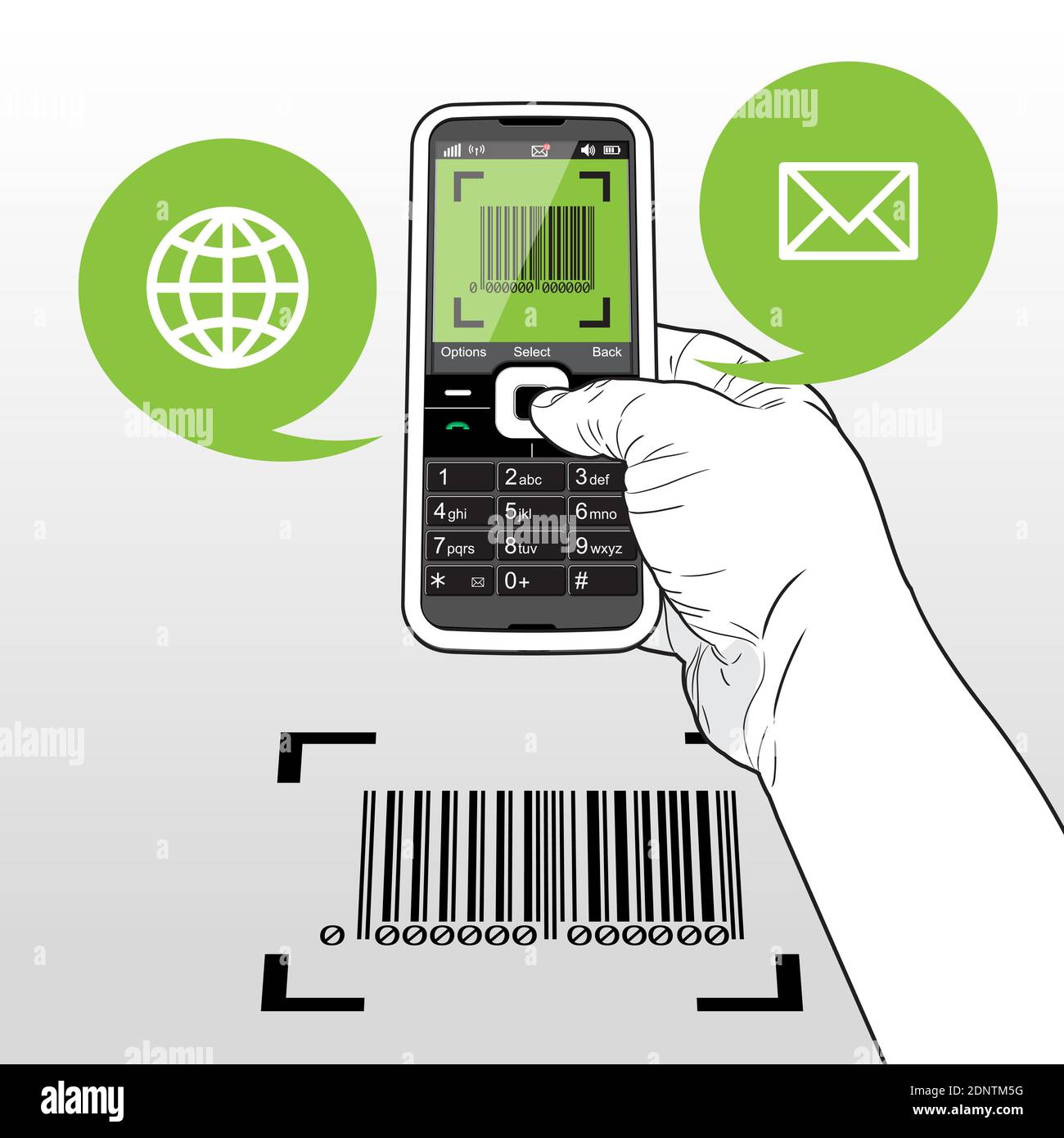 Ein „Telefon des Telefons“, das einen Barcode einscannt. Sprechblasen mit Anrufansage weisen auf eine Website (Globe-Symbol) und eine E-Mail (Umschlag-Symbol) hin. Stock Vektor