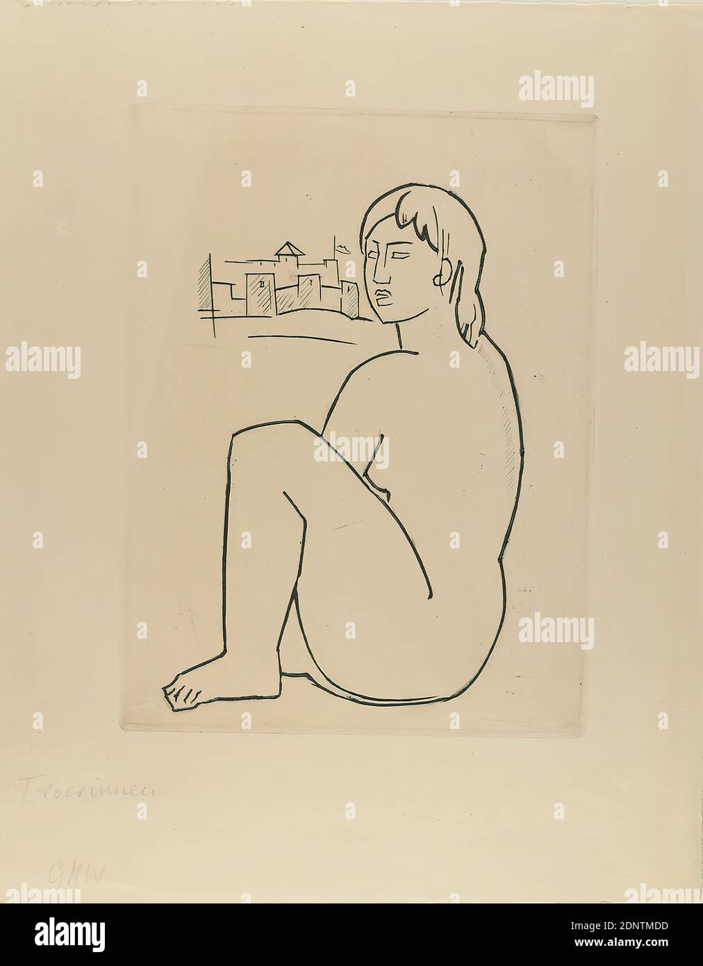 Gustav Heinrich Wolff, Kassandra (Titelblatt der Trojanischen Frauen), Kupferstich, Bildgröße: Höhe: 23.9 cm; Breite: 18 cm, monogrammiert und beschriftet: recto unten links: In Bleistift: Troerinnen, GHW, Illustrationen, Druckgrafik, Druck, Klassische Mythologie/Antike Geschichte, Geschichte von Kassandra, Griechische Heroinen, Sehsinn, Sehen, Klassische Moderne, Kassandra (Titelseite von Troerinnen) (1925), Holthusen 1964 Graphik Nr. 127 Stockfoto