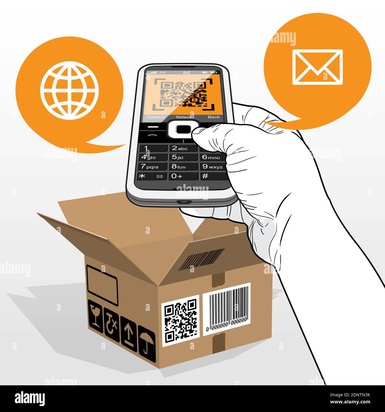 Ein Mobiltelefon, das einen QR-Code auf einem gelieferten offenen Karton einscannt. Sprechblasen markieren E-Mails und eine Webseite. Stock Vektor