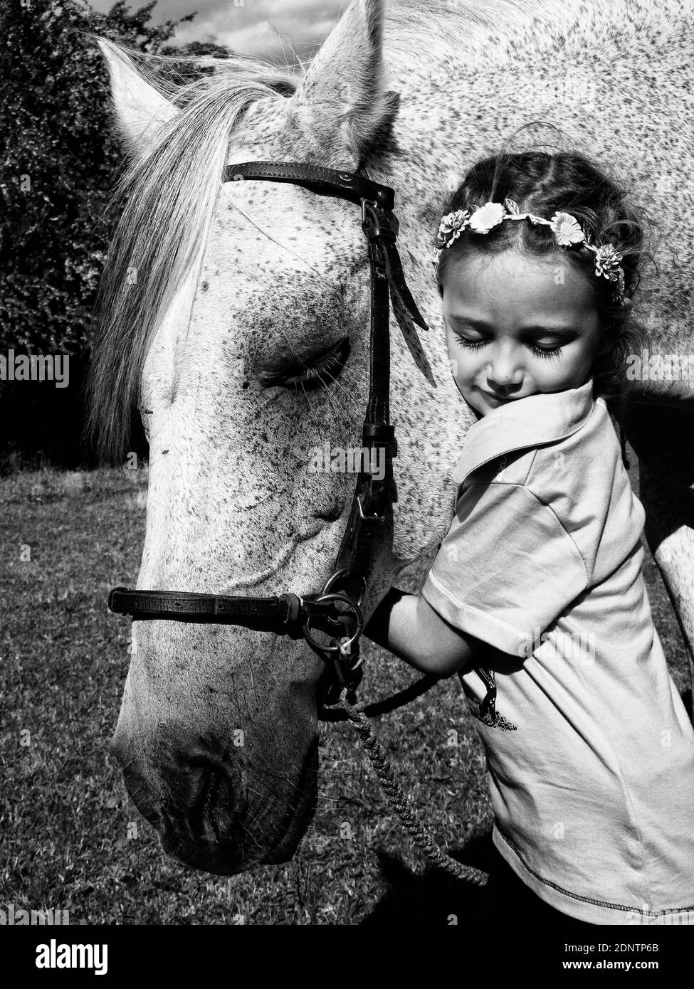 Porträt eines glücklichen Mädchens, das mit seinem Pferd kuschelt, Polen Stockfoto