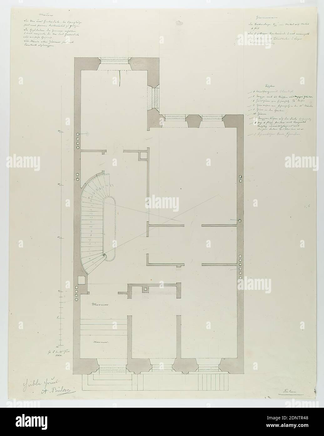 Theodor Bülau, Hübbe-Haus, Ferdinandstr. 65, Hamburg. Grundriss des ersten Stockwerks, Papier, Feder, Tinte, Bleistift, Feder und Tusche Zeichnung, gewaschen, Bogenformat: Höhe: 41.2 cm; Breite: 32.3 cm, beschriftet und datiert: recto: In Tinte: HB. ♂ [Marssymbol] am 18. Juni 1844, eingeschrieben: recto: In Lead: Hübbe Haus, A. Bülau, Entwurfszeichnungen, Entwurf, Bauplan, Architektur Stockfoto