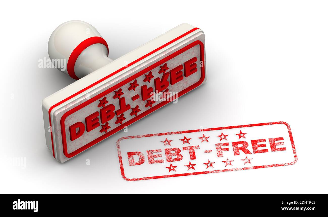 Schuldenfrei. Der Stempel und ein Aufdruck. Weißer Gummistempel und roter Aufdruck SCHULDENFREI auf weißer Oberfläche. 3D-Illustration Stockfoto
