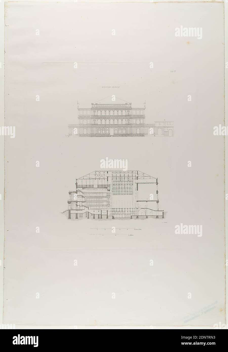 Ernst Christian Schmidt, Verlag Friedrich Vieweg und Sohn, Gottfried Semper, Rückansicht und Längsschnitt. Aus der Mappe das Königliche Hoftheater zu Dresden, hrsg. von Gottfried Semper, Braunschweig 1849, Altbestand, wohl A 1903, Papier, Kupferstich, Platte: Höhe: 30 cm; Breite: 25 cm, Beschriftung: In der Druckform: E. C. Schmidt sc, TAB VII, Adresse, Portfolio Werke, Schnitt durch eine Architektur, Theater, Theateraufführung, Architektur, Oper, hist. Gebäude, Ort, Straße Stockfoto