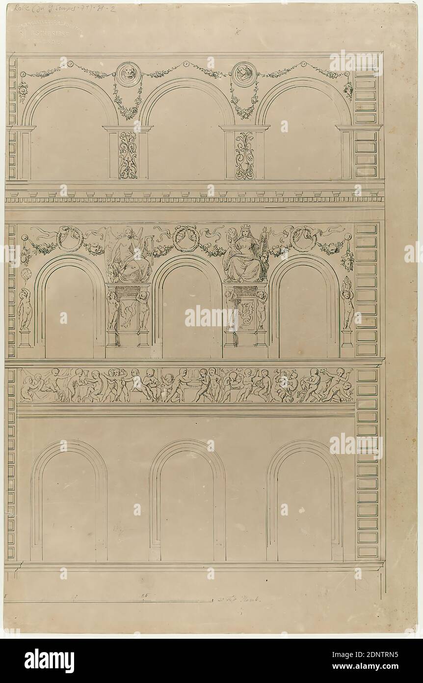 Gottfried Semper, Carl Gottlieb Rolle, sgraffito Dekorationen auf dem Wohn- und Bürogebäude des Apothekers Wilhelm Semper, Hamburg. Rechte Hälfte der façade, 2.-4.Stock, Altbestand, wohl A 1903, Karton, Tusche, Feder-Tusche-Zeichnung, Bogenmaß: Höhe: 45.3 cm; Breite: 30.3 cm, beschriftet: recto: In Blei: Rolle (zu G. Semper-71)-21-2, Trockenstempel: recto: ATELIER, FÜR ARCHITEKTUR UND INDUSTRIE, B. Stockfoto