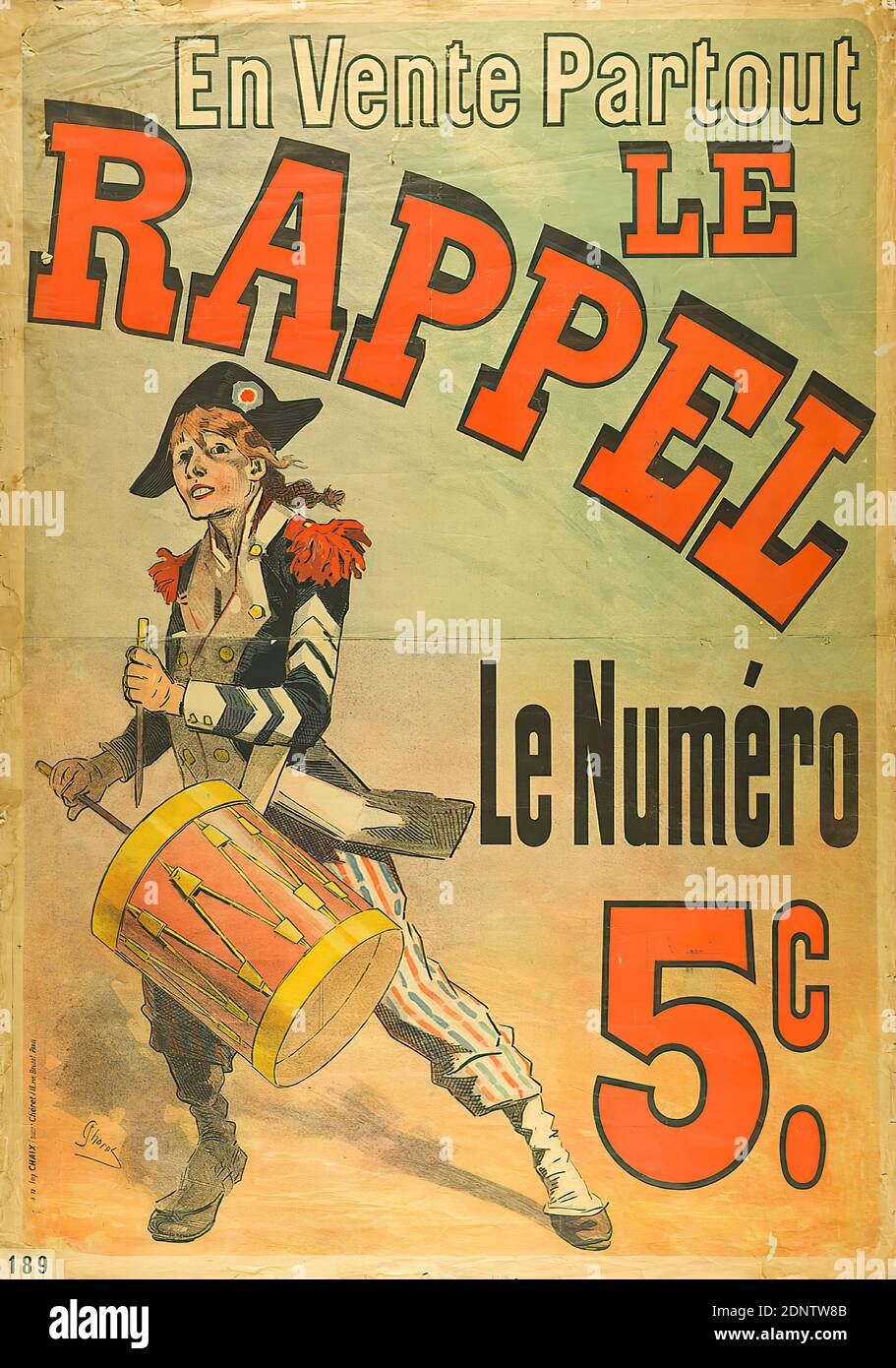 Imprimerie Chaix, Jules Chéret, Le Rappel, Papier, Lithographie, gesamt: Höhe: 176 cm; Breite: 123 cm, signiert: Links unten: JChéret, Produktwerbung (Plakate), Zeitungen, Zeitschriften, Trommel Stockfoto