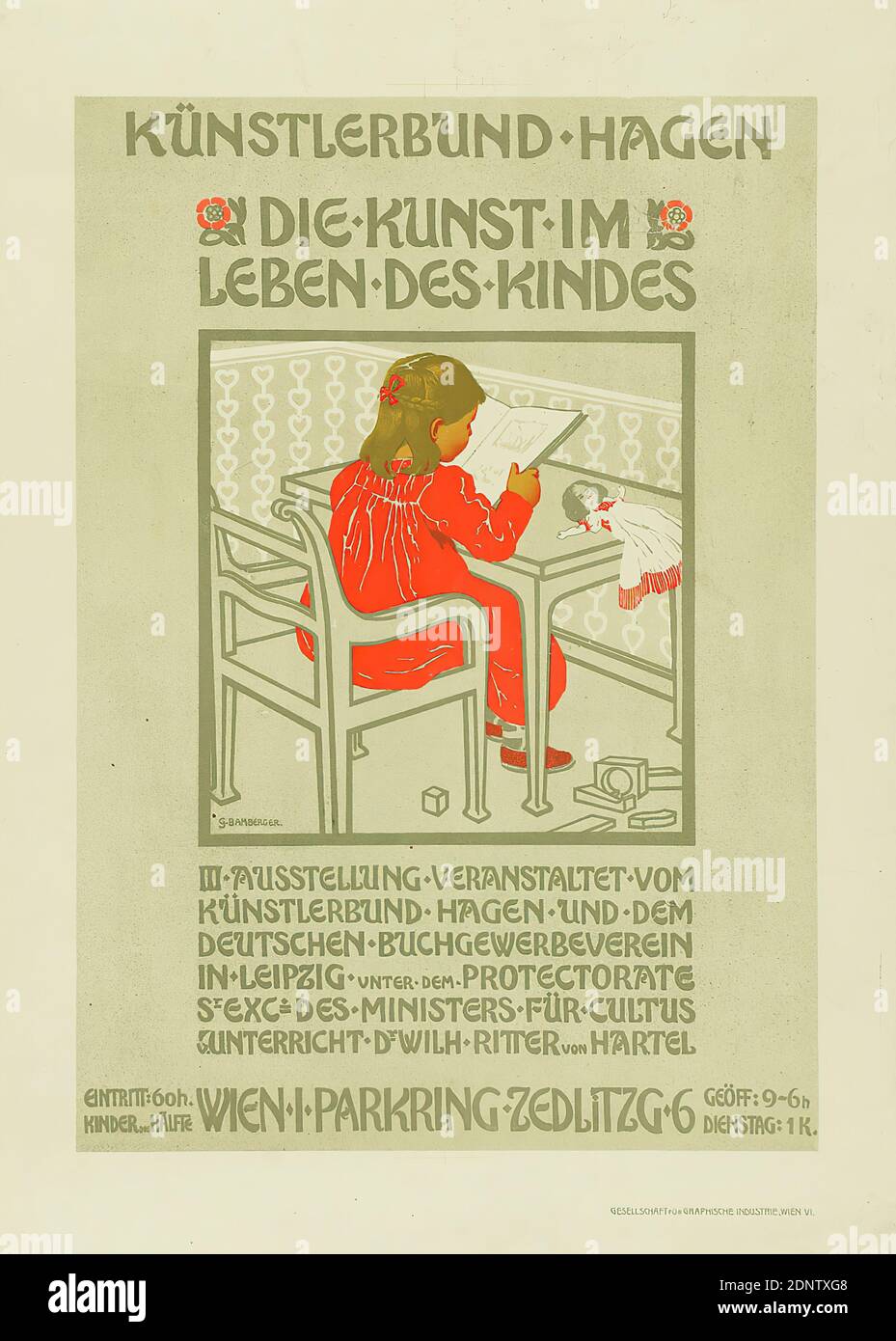 Gesellschaft für Graphische Industrie, Gustav Bamberger, Künstlerbund Hagen. Die Kunst im Leben des Kindes, Lithographie, gesamt: Höhe: 54,00 cm; Breite: 39,00 cm, signiert: U. li. Im Druck: G. BAMBERGER, Ausstellungsplakate, Mädchen, sitzende Figur, Puppe, Jugendstil Stockfoto