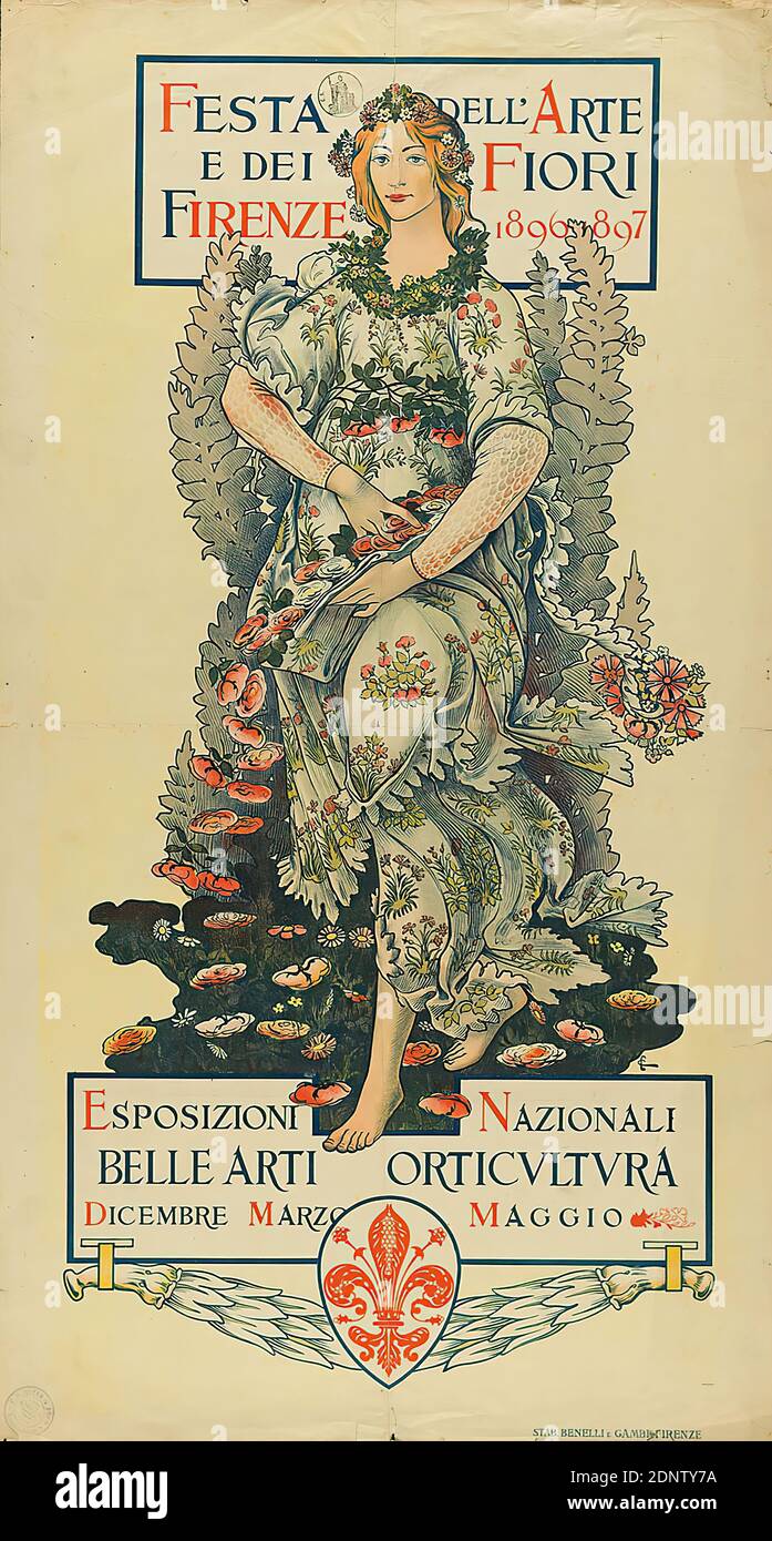 Personal. Benelli e Gambi, Attilio Formilli, Festa dell'Arte e Dei Fiori Firenze 1896-1897 - Esposizioni Nazionali Belle Arti Orticultura, Papier, Lithographie, Gesamt: Höhe: 99,5 cm; Breite: 54 cm, monogrammiert: Im Druck u. r, Stempel: recto u. li.: P. H. BEYER & SOHN Kunsthandlung, Ausstellungsplakate, Veranstaltungsplakate, Kunst, Frau, Blumen, Kunstgeschichte, Jugendstil Stockfoto