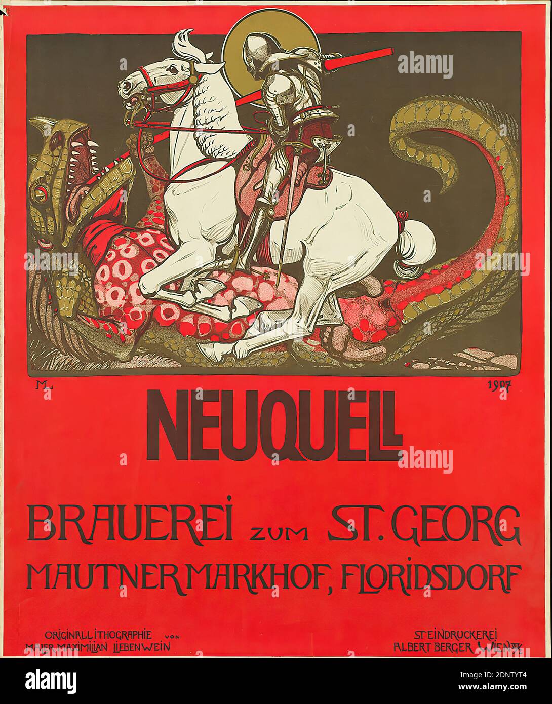 Maximilian Liebenwein, Albert Berger, Neuquell, Papier, Chromolithographie, gesamt: Höhe: 60,5 cm; Breite: 50,8 cm, monogrammiert und datiert: Im Druck: ML 1907, Produkt- und Geschäftswerbung (Plakate), Pferd, heiliger, Georg, Drachenkampf des Hl. Georg, Werbung, Werbung, Werbung, Brauer, Jugendstil Stockfoto