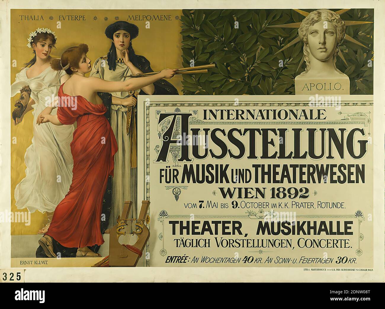 Ernst Klimt, Kunstanstalt S. Czeiger, Internationale Ausstellung für Musik und Theaterwesen, Papier, Lithographie, gesamt: Höhe: 89,5 cm; Breite: 120,7 cm, signiert: U. li. Im Druckmedium: ERNST KLIMT, Ausstellungsplakate, Kunst/Kultur (Plakate), Musik- und Konzertplakate, Theaterplakate, Messen/Ausstellungen, Musen, Thalia (Musen), Euterpe, Melpomene, Apollo und die Musen (Apollo Musagetes), Skulptur, Skulptur, Skulpturenkunst, Krönung mit Lorbeer, Theater, Theateraufführung, Musik, Kunstausstellung Stockfoto