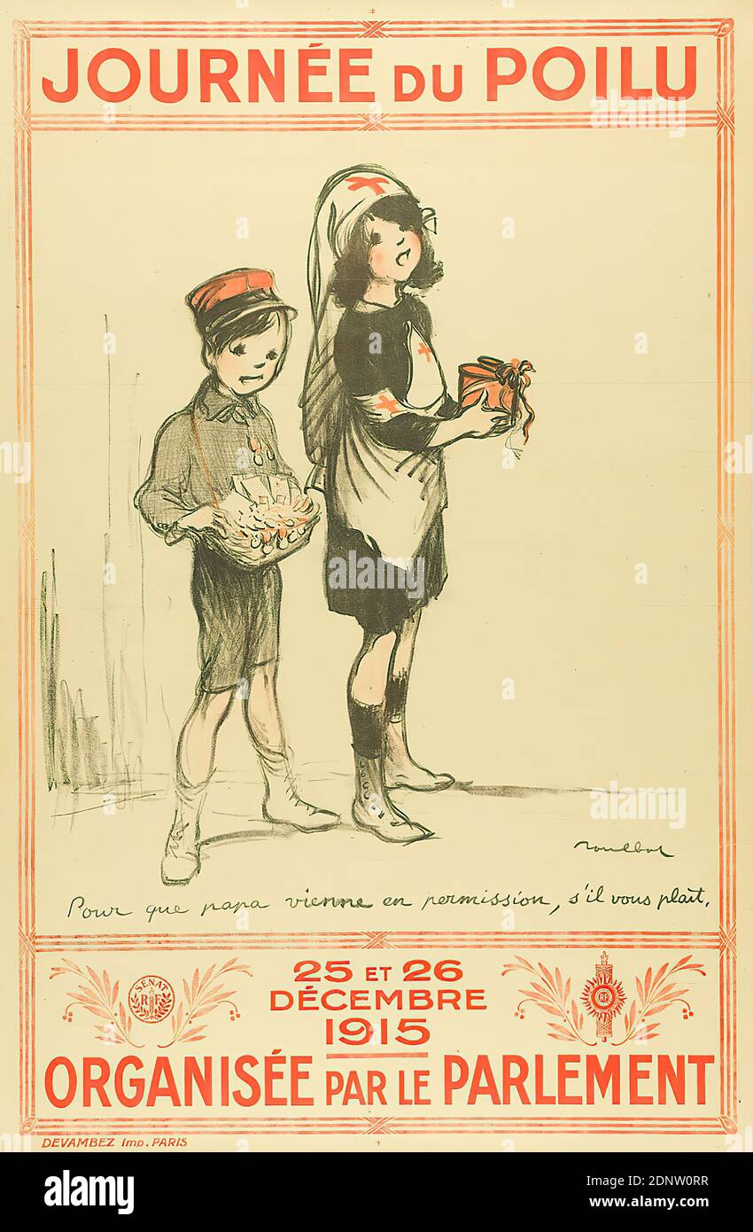 Imprimerie Devambez, Francisque Poulbot, Journée du Poilu 25 et 26 Decembre 1915 organisée par le Parlement, Lithographie, gesamt: Höhe: 122,5 cm; Breite: 80 cm, signiert: Unten rechts auf der Druckplatte: Poulbot, politische Plakate, Kriegsplakate, Krieg Stockfoto