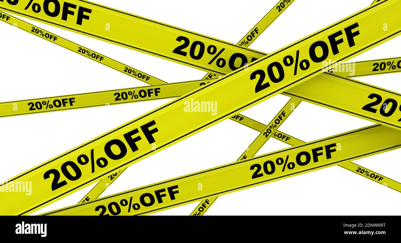Rabatt von zwanzig Prozent. Beschriftete gelbe Warnbänder. Gelbe Warnbänder mit schwarzem Text 20 % AUS. Isoliert. 3D-Illustration Stockfoto
