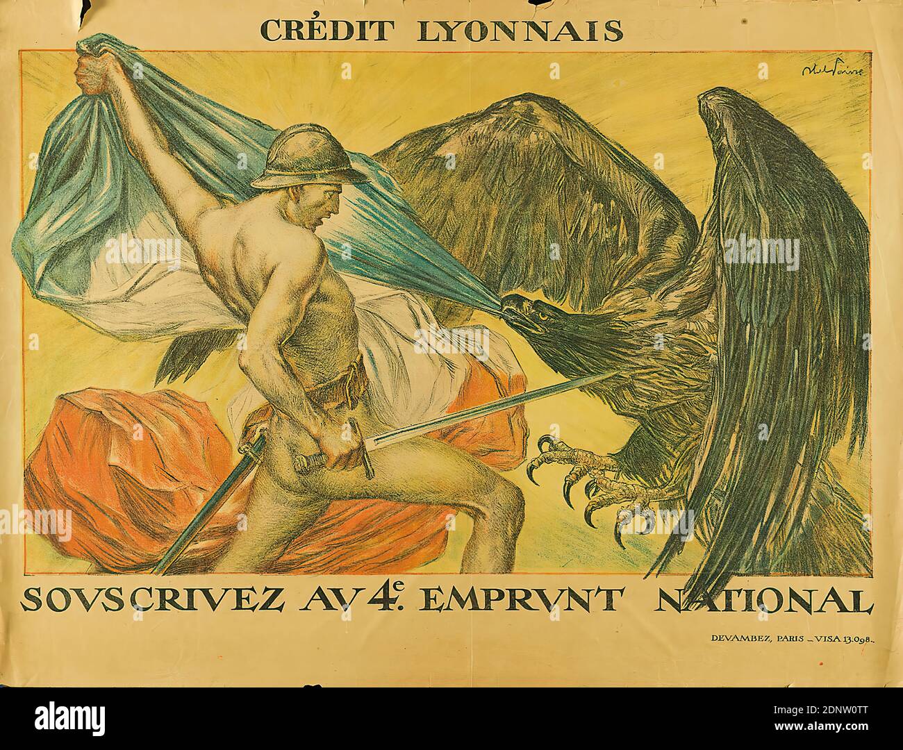 Imprimerie Devambez, Abel Faivre, Crédit Lyonnais. Souscrivez au 4e Emprunt National, Papier, Lithographie, gesamt: Höhe: 79 cm; Breite: 60,4 cm, signiert: Oben rechts auf der Druckplatte: Abel Faivre, politische Plakate, Kriegsplakate, Propagandaplakate, Adler (Vögel), Krieg Stockfoto