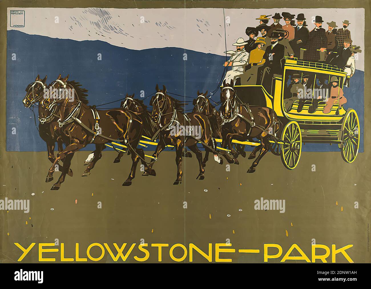 G. Schuh & Cie. (München), Ludwig Hohlwein, Yellowstone-Park, Lithographie, Gesamt: Höhe: 86,4 cm; Breite: 121 cm, signiert und beschriftet: Oben links im Druckschild: LUDWIG HOHLWEIN MÜNCHEN, Tourismusplakate, mit Tieren bedeckte Fahrzeuge (Kutsche), Pferd, Frau, Mann, Landschaften (gemäßigte Zone), Landverkehr, Reise/Tourismus, Wyoming Stockfoto
